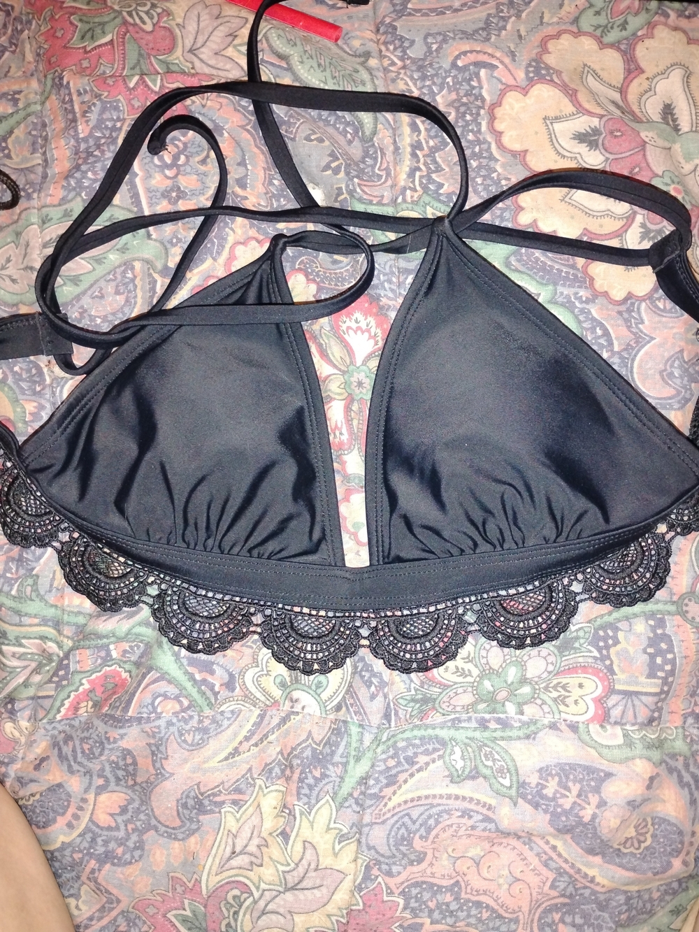 Xhilaration- Black Lace-Trim Triangle Bikini Top- Women Intimates & Swimwear